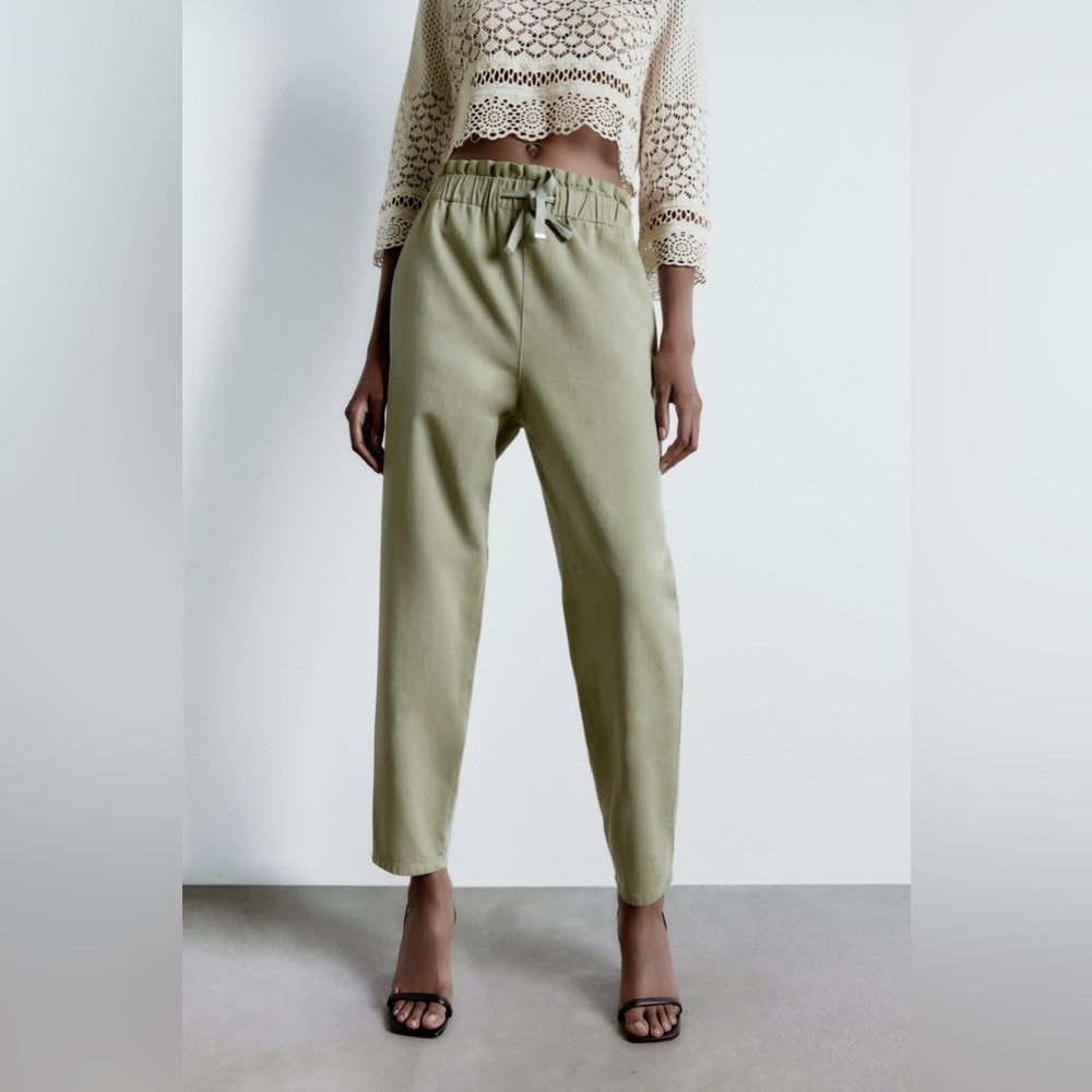 Zara Straight Fit Paperbag Joggers olive green trousers